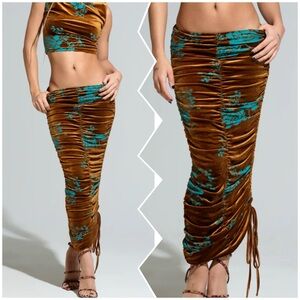 AKIRA Velvet Asymmetrical skirt in Brown and Teal